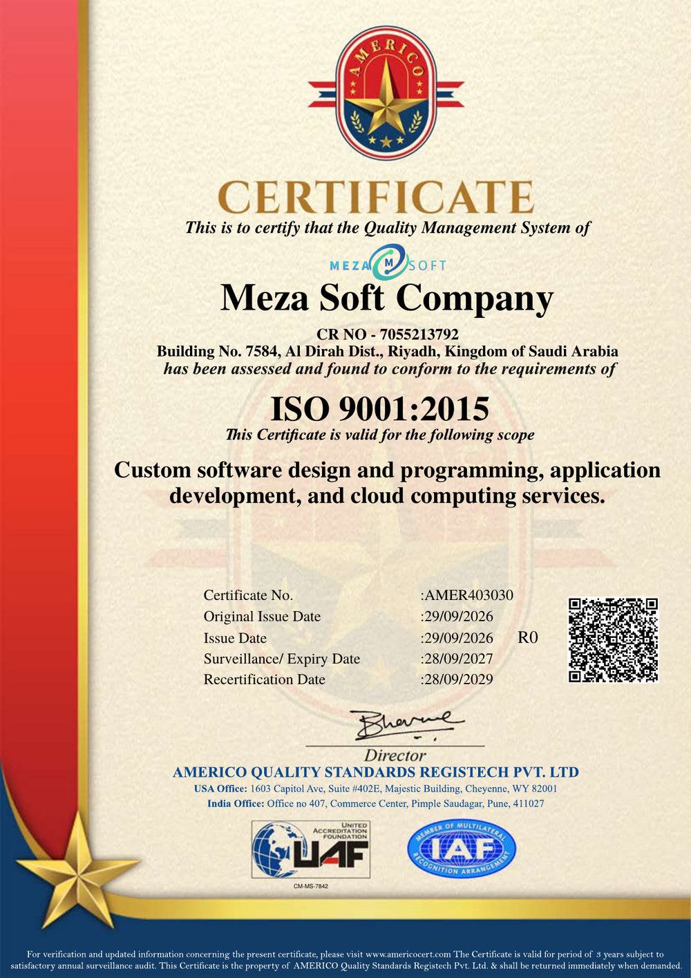 شهادة ISO 9001:2015 لشركة ميزا سوفت - رقم AMER403030 - صادرة عن AMERICO Quality Standards Registech